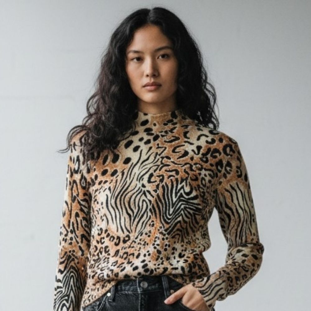 Soft Stretchy Mock Neck Animal Print Sweater